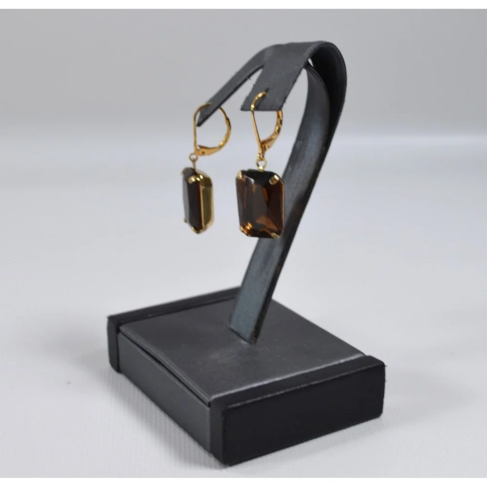 Gold Tone Dark Brown Amber Crystal Lever-back Earrings 1.5